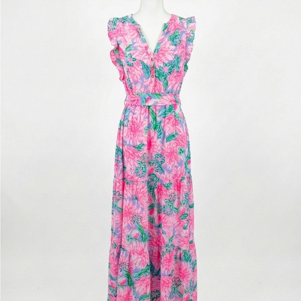 Lilly Pulitzer Pink Floral Ruffled Maxi Dress with Green Accents